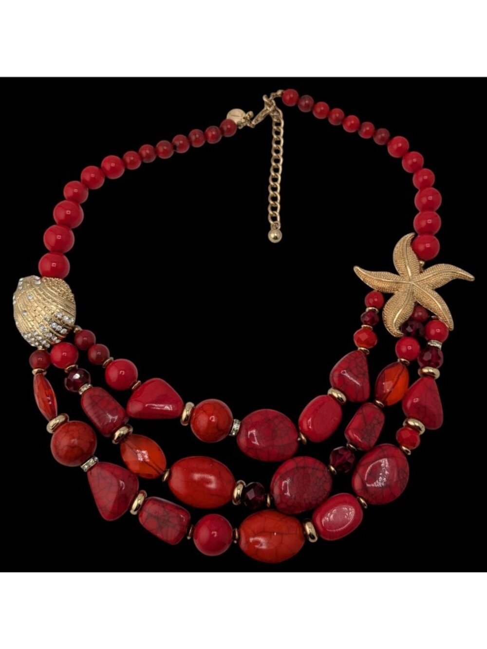 Vintage Talbots Layered Beaded Necklace Red Gold Mermaidcore Beach Glam